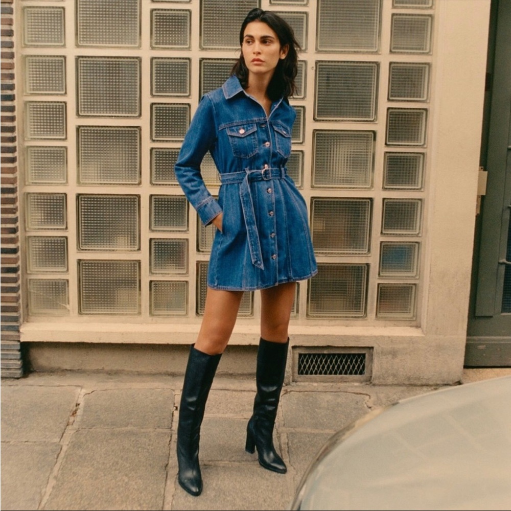 Zara Mini Denim Shirt Dress with belt and pockets